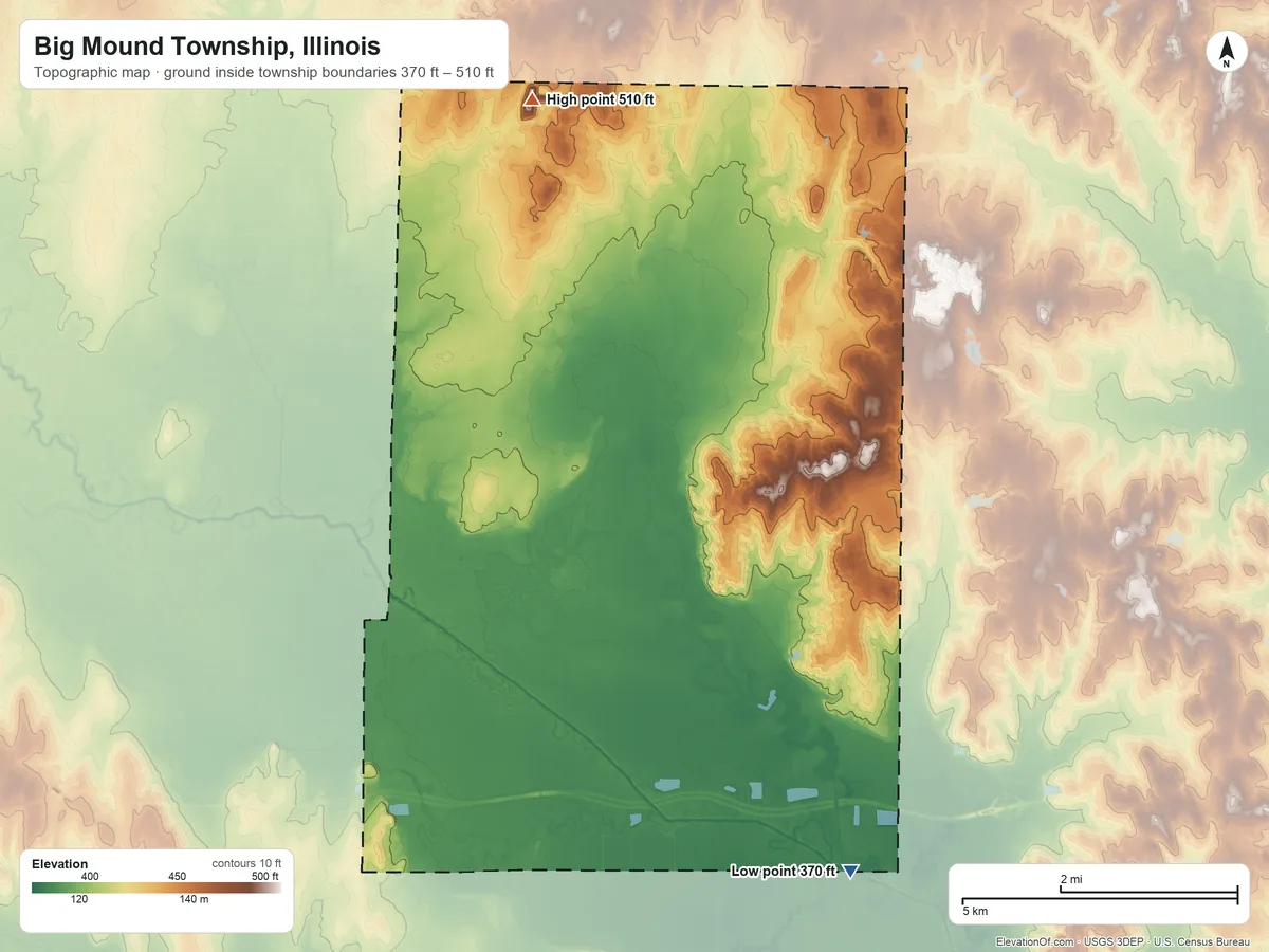 Topographic elevation map of Big Mound Township, Illinois, shaded from 370 ft on the south side to 510 ft on the west side