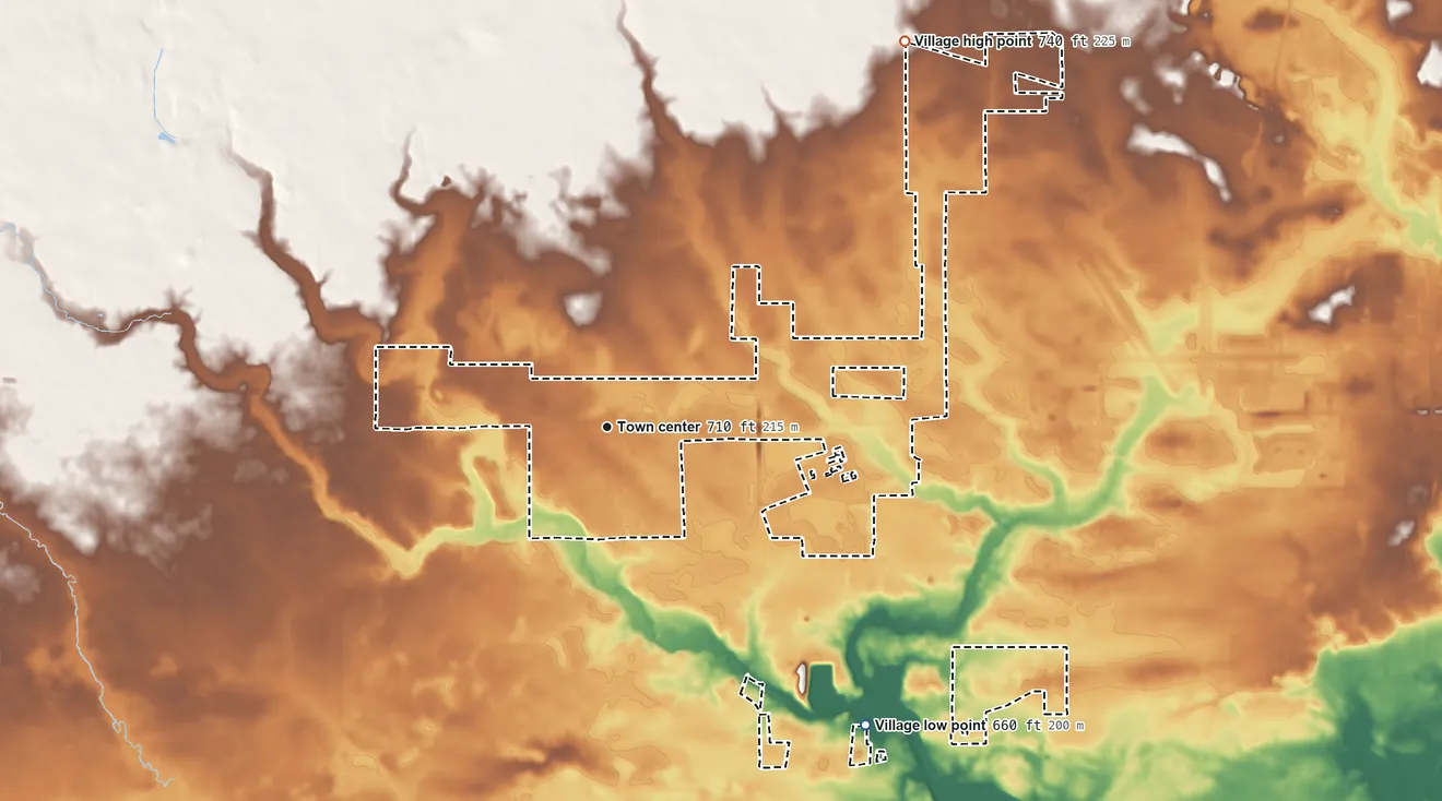 Topographic elevation map of Big Rock, Illinois, shaded from 660 ft on the southeast side to 740 ft on the northeast side