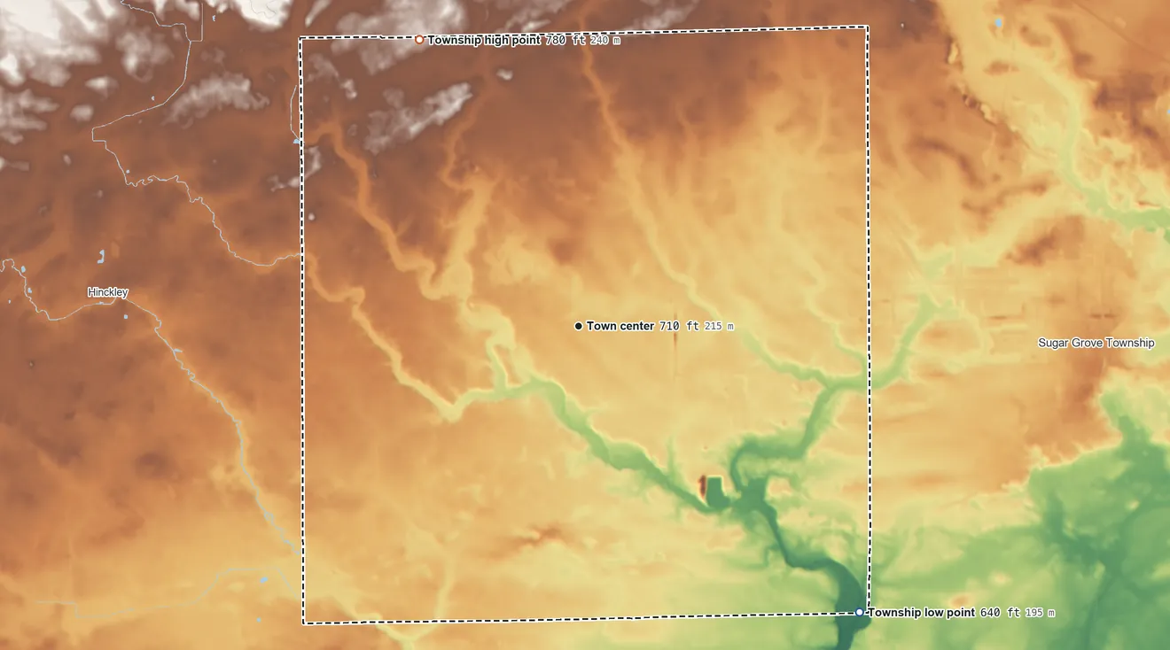 Topographic elevation map of Big Rock Township, Illinois, shaded from 640 ft on the southeast side to 780 ft on the northwest side