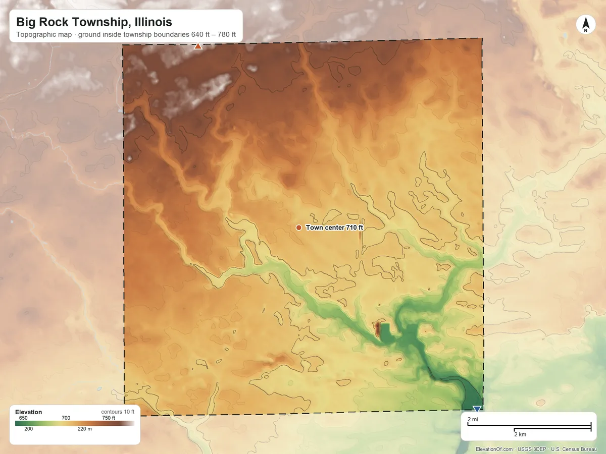 Topographic elevation map of Big Rock Township, Illinois, shaded from 640 ft on the southeast side to 780 ft on the northwest side