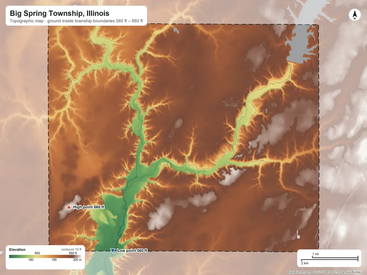 Topographic elevation map of Big Spring Township, Illinois, shaded from 560 ft on the southwest side to 660 ft on the southwest side