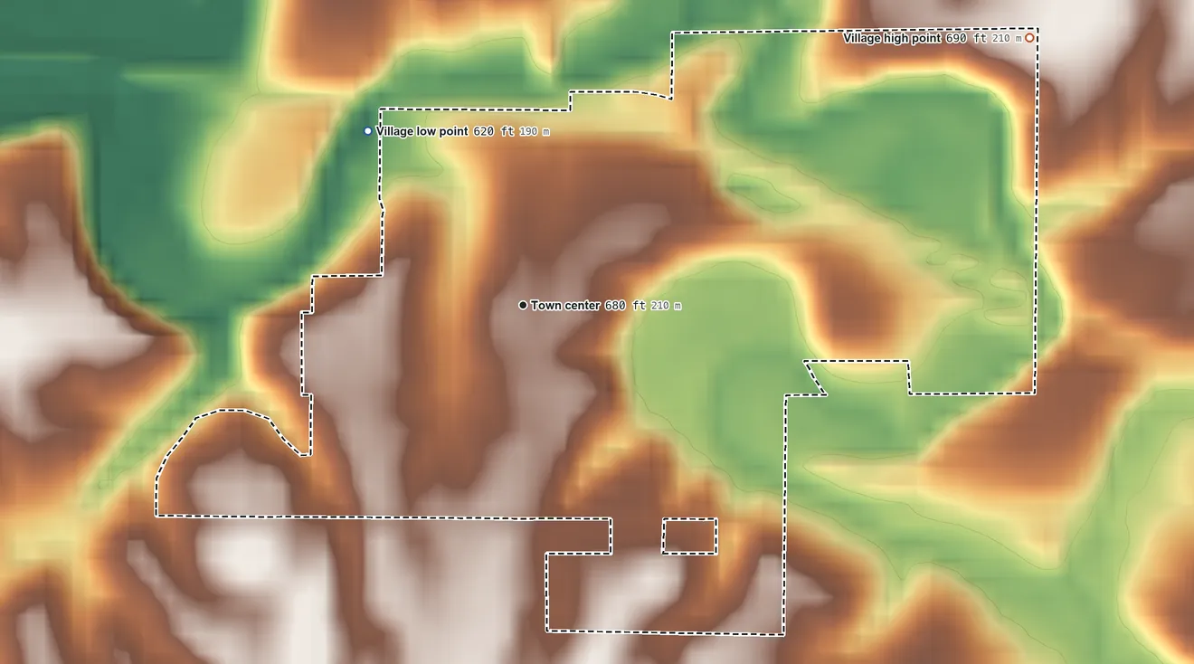 Topographic elevation map of Biggsville, Illinois, shaded from 620 ft on the northwest side to 690 ft on the northeast side