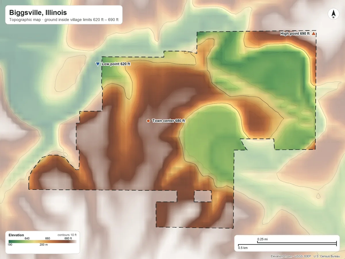 Topographic elevation map of Biggsville, Illinois, shaded from 620 ft on the northwest side to 690 ft on the northeast side