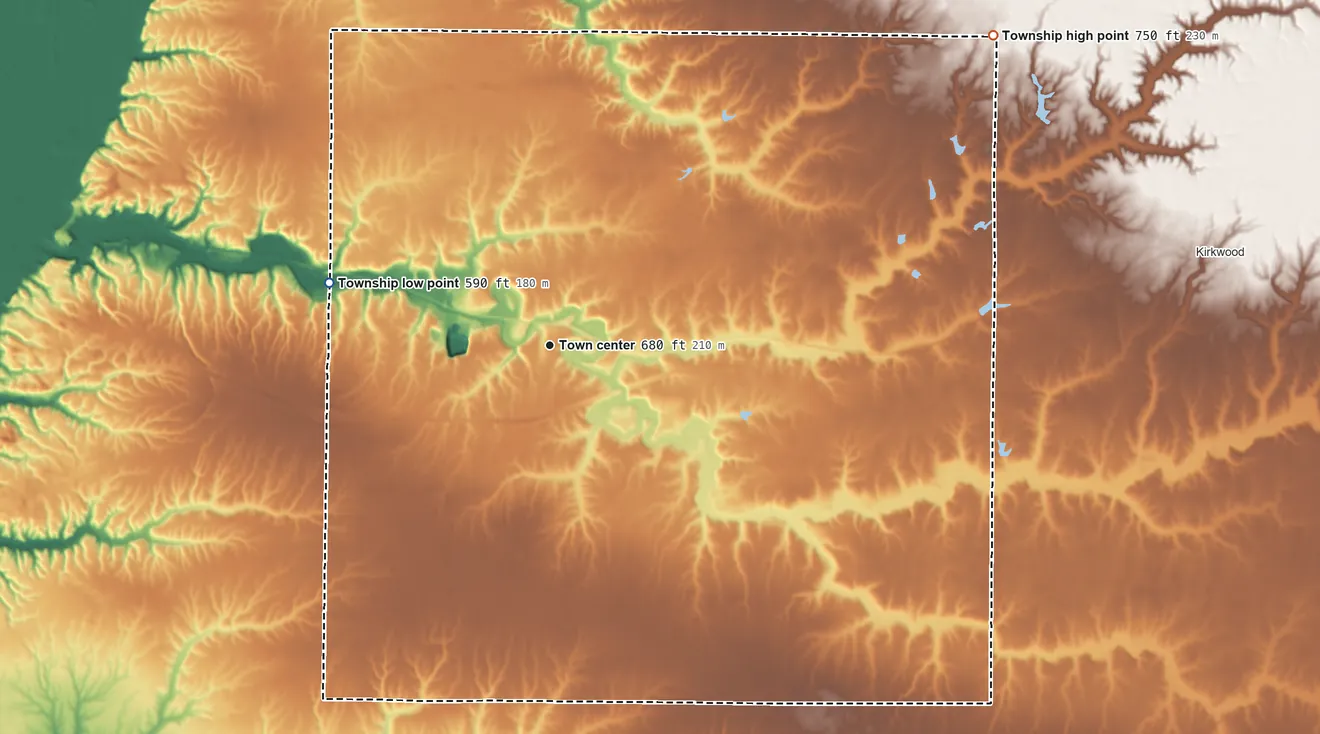 Topographic elevation map of Biggsville Township, Illinois, shaded from 590 ft on the west side to 750 ft on the northeast side