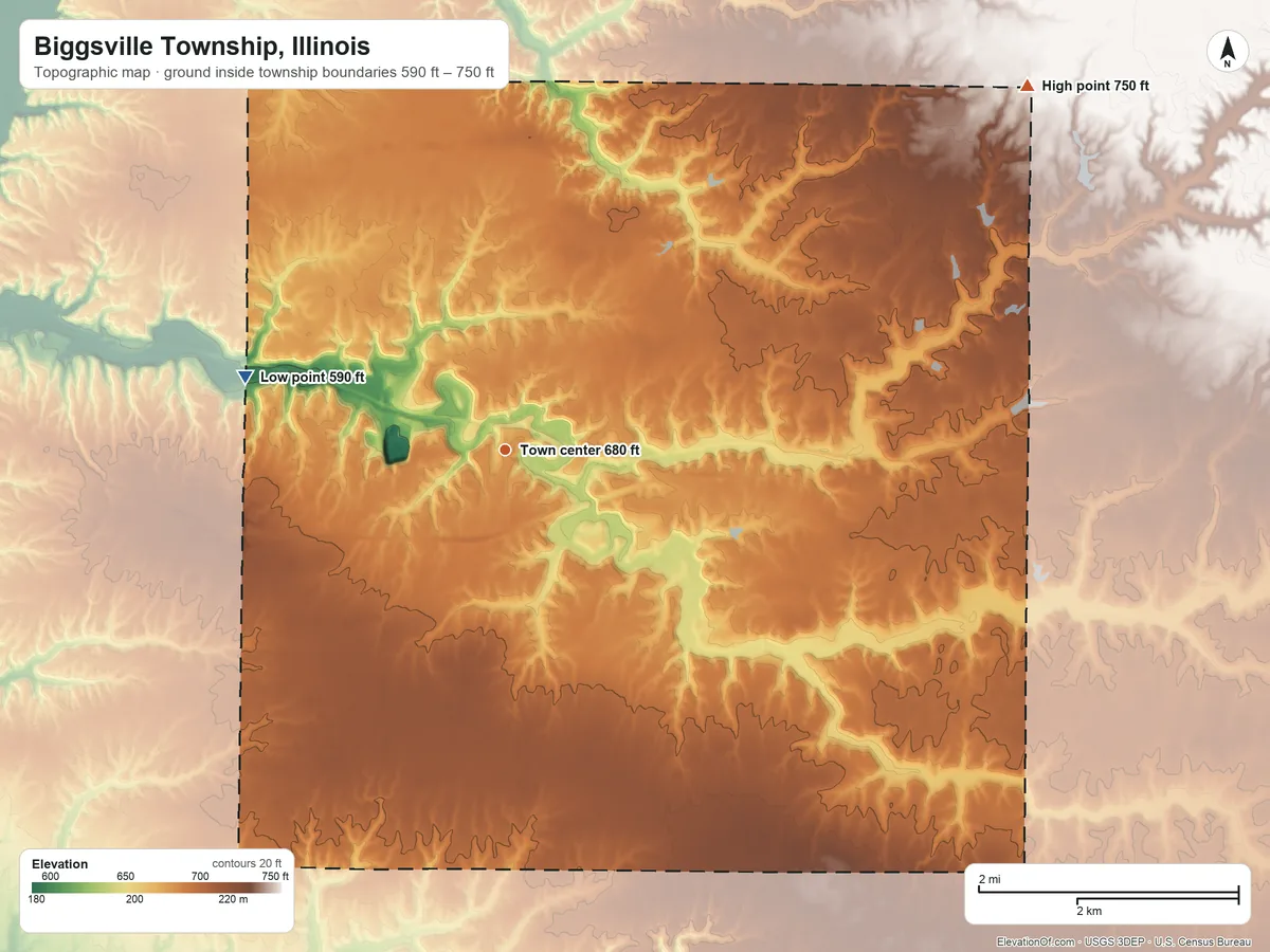 Topographic elevation map of Biggsville Township, Illinois, shaded from 590 ft on the west side to 750 ft on the northeast side