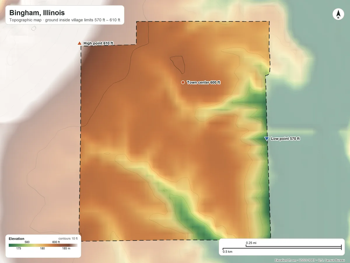 Topographic elevation map of Bingham, Illinois, shaded from 570 ft on the southeast side to 610 ft on the west side