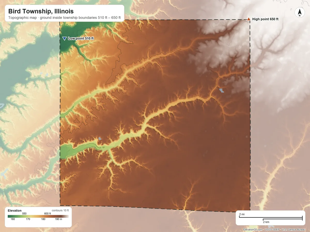 Topographic elevation map of Bird Township, Illinois, shaded from 510 ft on the northwest side to 650 ft on the northeast side