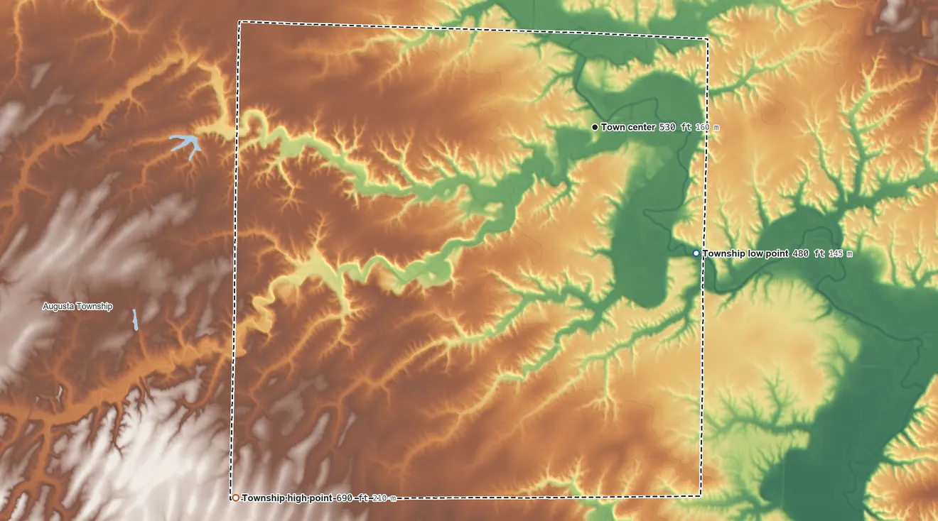 Topographic elevation map of Birmingham Township, Illinois, shaded from 480 ft on the southeast side to 690 ft on the southwest side