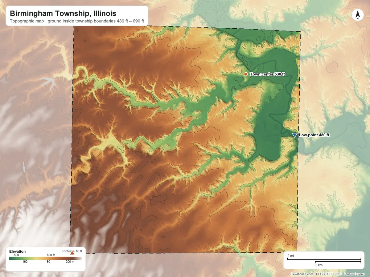 Topographic elevation map of Birmingham Township, Illinois, shaded from 480 ft on the southeast side to 690 ft on the southwest side