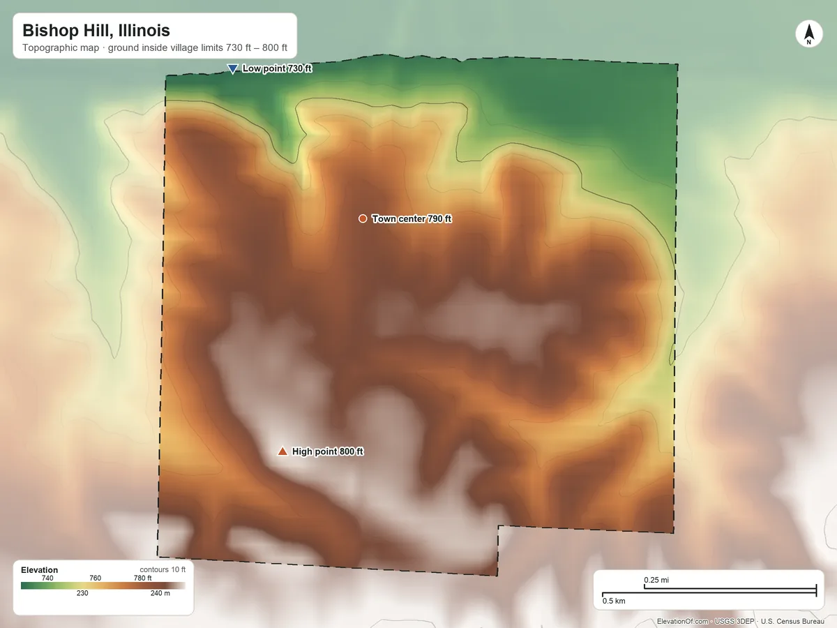Topographic elevation map of Bishop Hill, Illinois, shaded from 730 ft on the northwest side to 800 ft on the south side