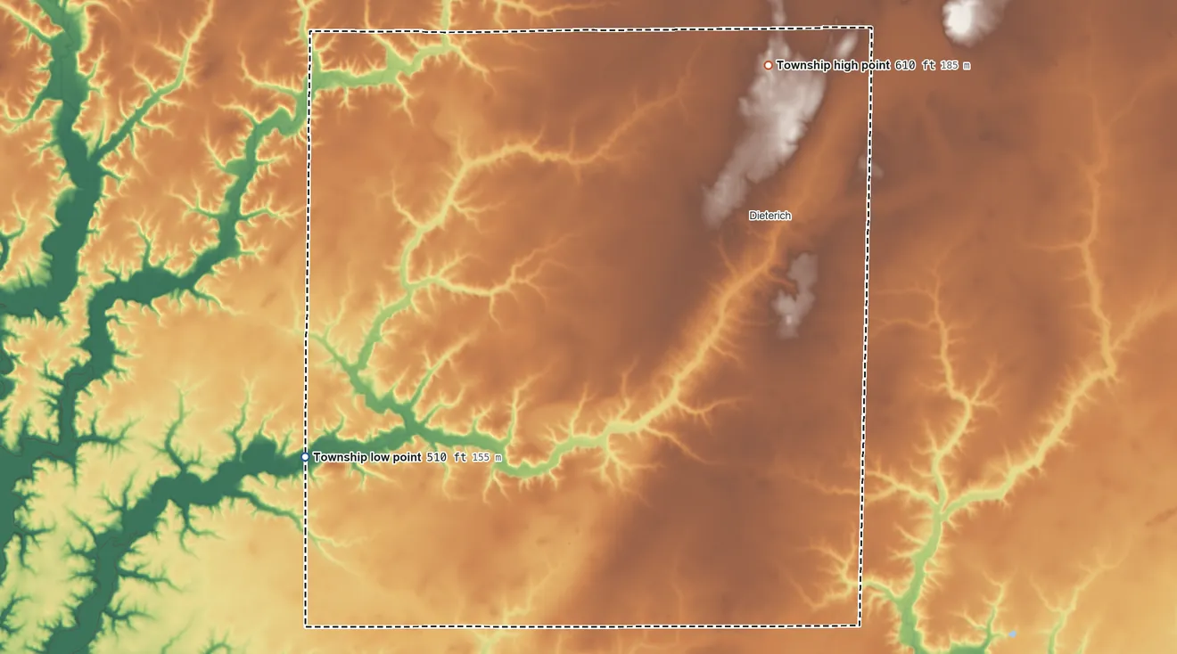 Topographic elevation map of Bishop Township, Illinois, shaded from 510 ft on the southwest side to 610 ft on the northeast side