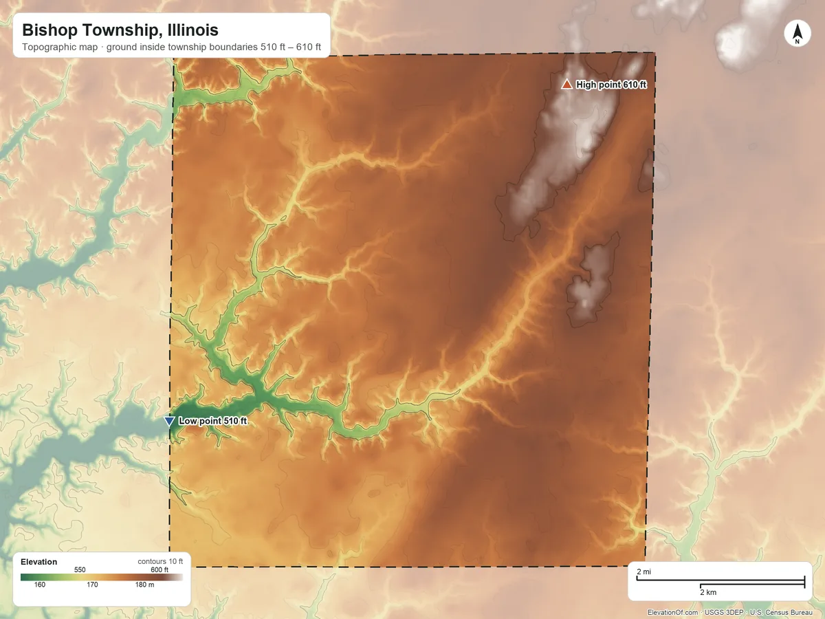 Topographic elevation map of Bishop Township, Illinois, shaded from 510 ft on the southwest side to 610 ft on the northeast side