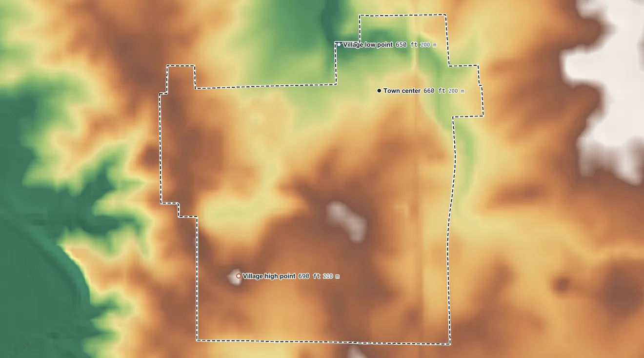 Topographic elevation map of Bismarck, Illinois, shaded from 650 ft on the northwest side to 690 ft on the southwest side