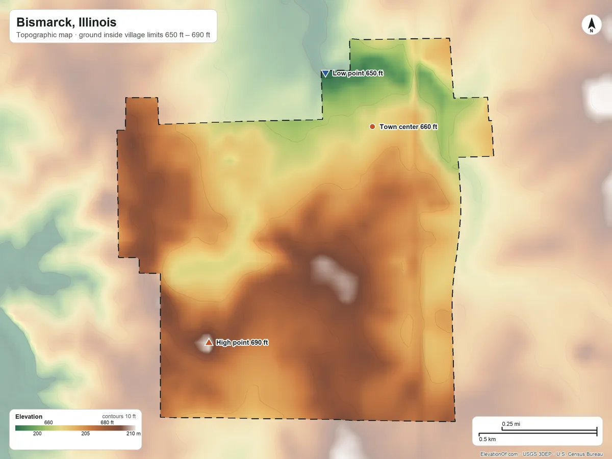 Topographic elevation map of Bismarck, Illinois, shaded from 650 ft on the northwest side to 690 ft on the southwest side