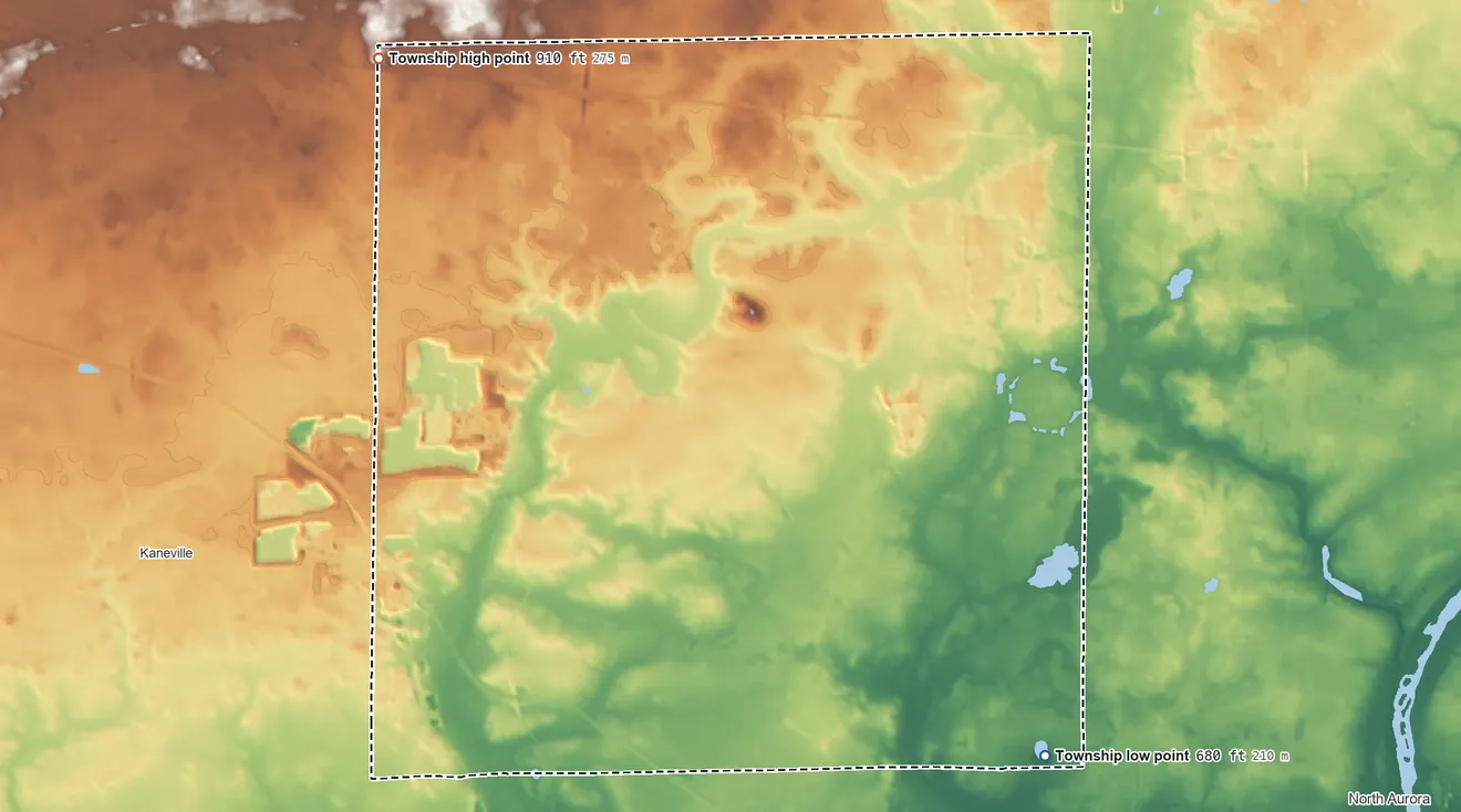 Topographic elevation map of Blackberry Township, Illinois, shaded from 680 ft on the southeast side to 910 ft on the northwest side