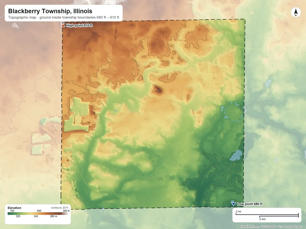 Topographic elevation map of Blackberry Township, Illinois, shaded from 680 ft on the southeast side to 910 ft on the northwest side