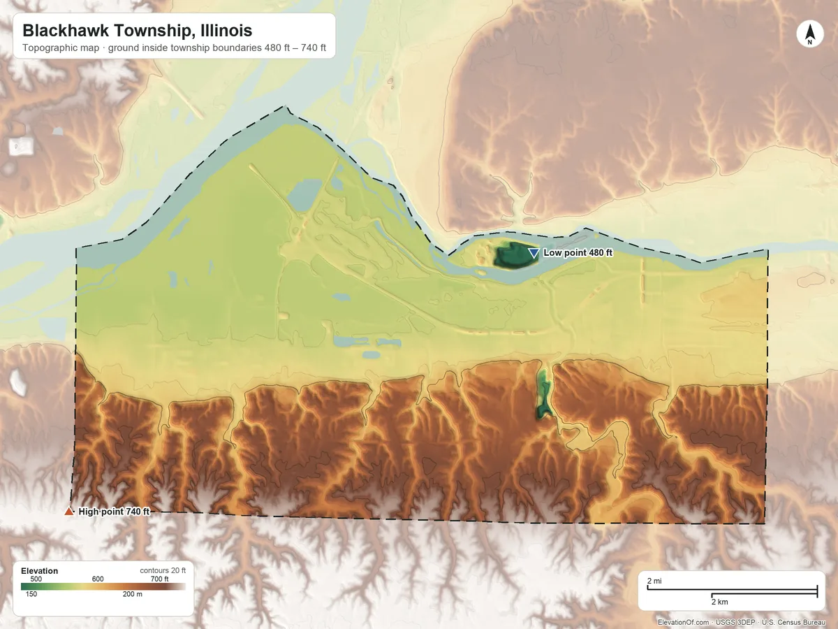 Topographic elevation map of Blackhawk Township, Illinois, shaded from 480 ft on the northeast side to 740 ft on the west side