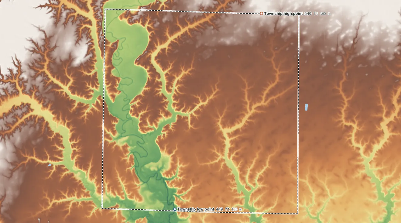Topographic elevation map of Blair Township, Illinois, shaded from 440 ft on the south side to 540 ft on the northeast side