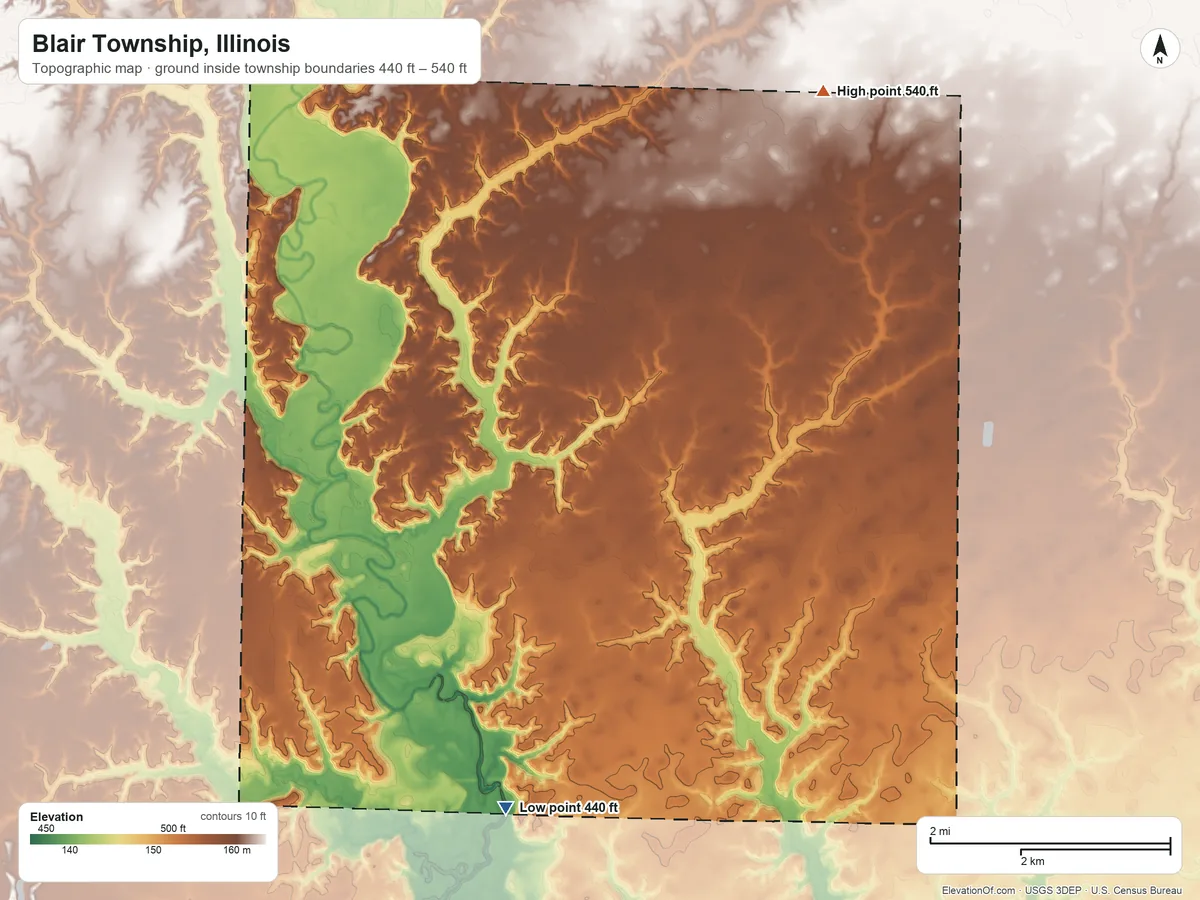 Topographic elevation map of Blair Township, Illinois, shaded from 440 ft on the south side to 540 ft on the northeast side