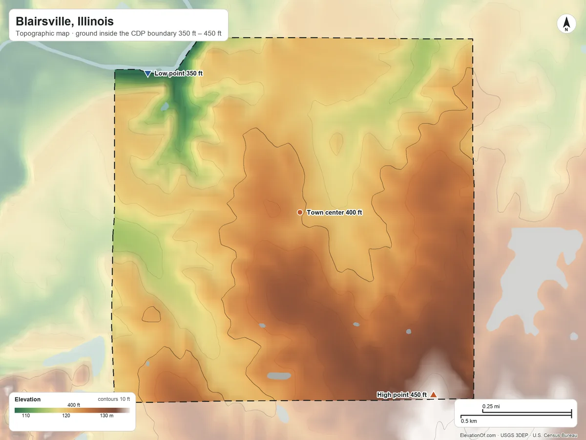 Topographic elevation map of Blairsville, Illinois, shaded from 350 ft on the northwest side to 450 ft on the southeast side