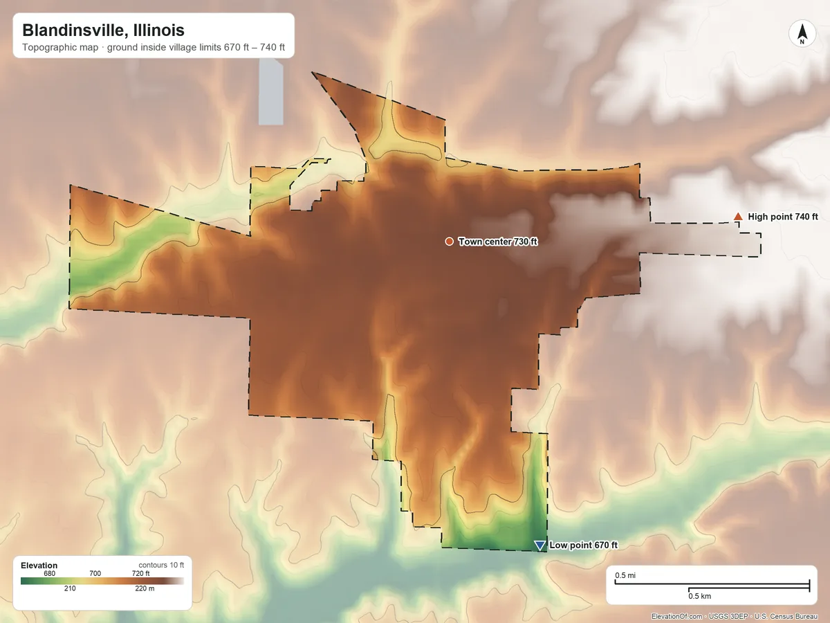 Topographic elevation map of Blandinsville, Illinois, shaded from 670 ft on the south side to 740 ft on the east side