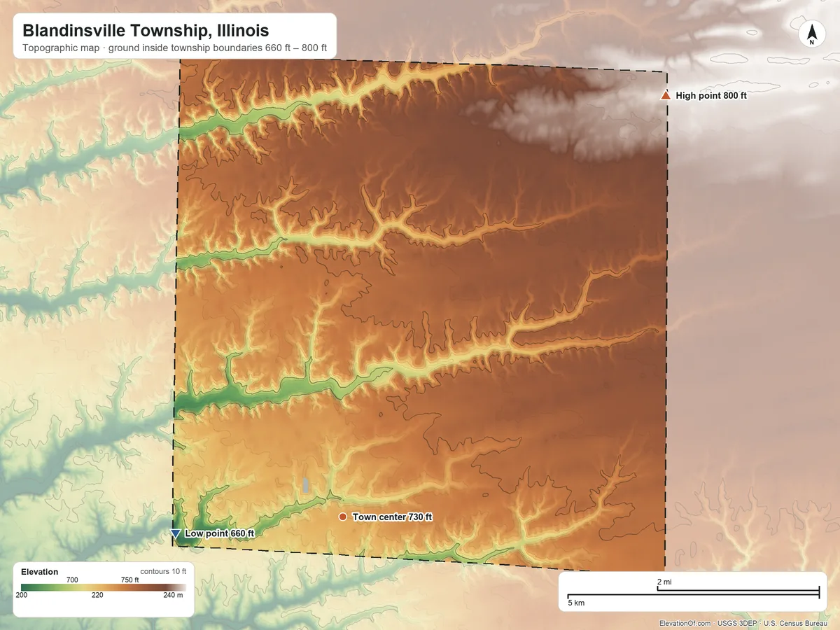 Topographic elevation map of Blandinsville Township, Illinois, shaded from 660 ft on the west side to 800 ft on the northeast side