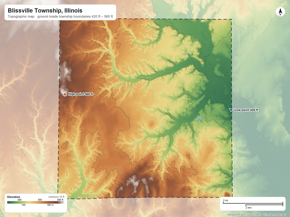 Topographic elevation map of Blissville Township, Illinois, shaded from 420 ft on the east side to 560 ft on the west side