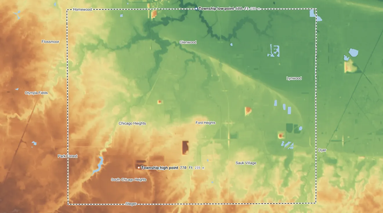Topographic elevation map of Bloom Township, Illinois, shaded from 600 ft on the north side to 770 ft on the south side