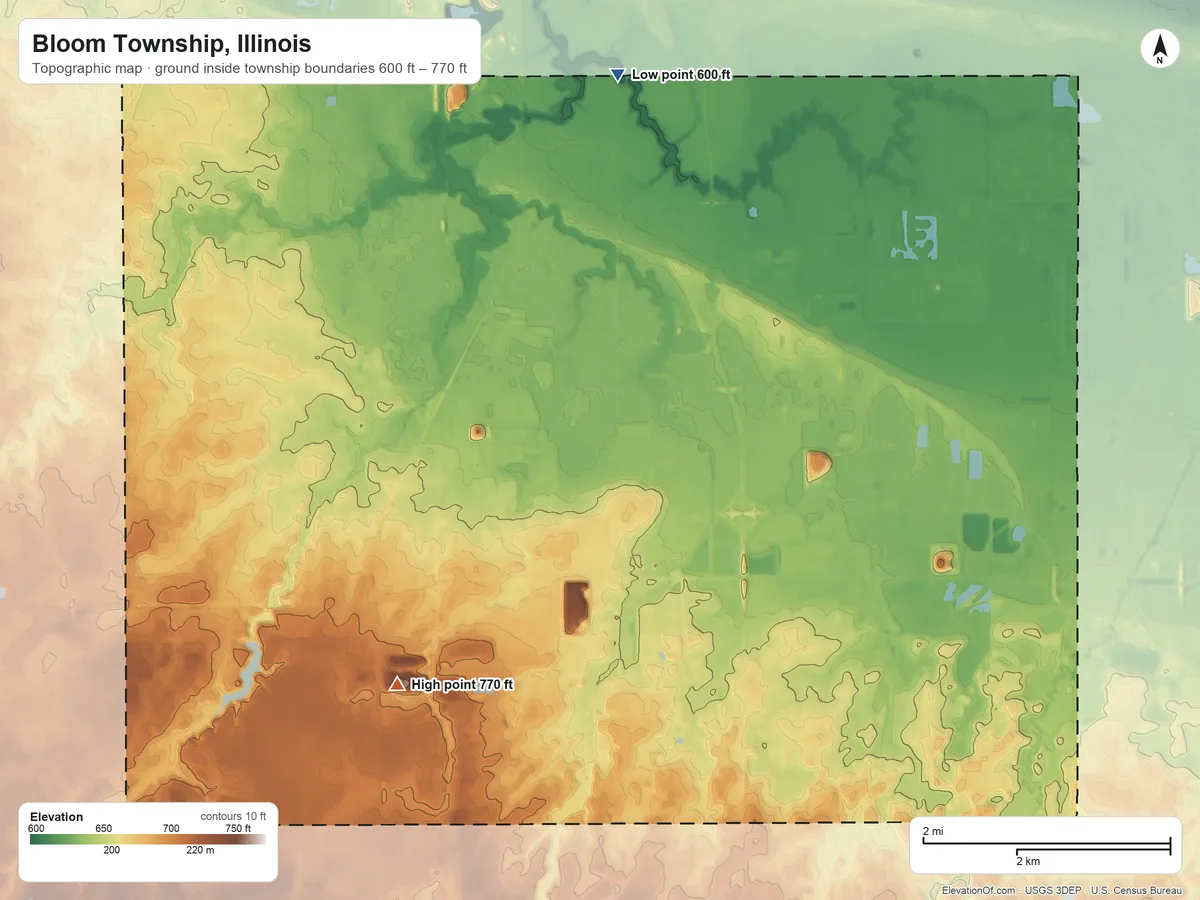 Topographic elevation map of Bloom Township, Illinois, shaded from 600 ft on the north side to 770 ft on the south side