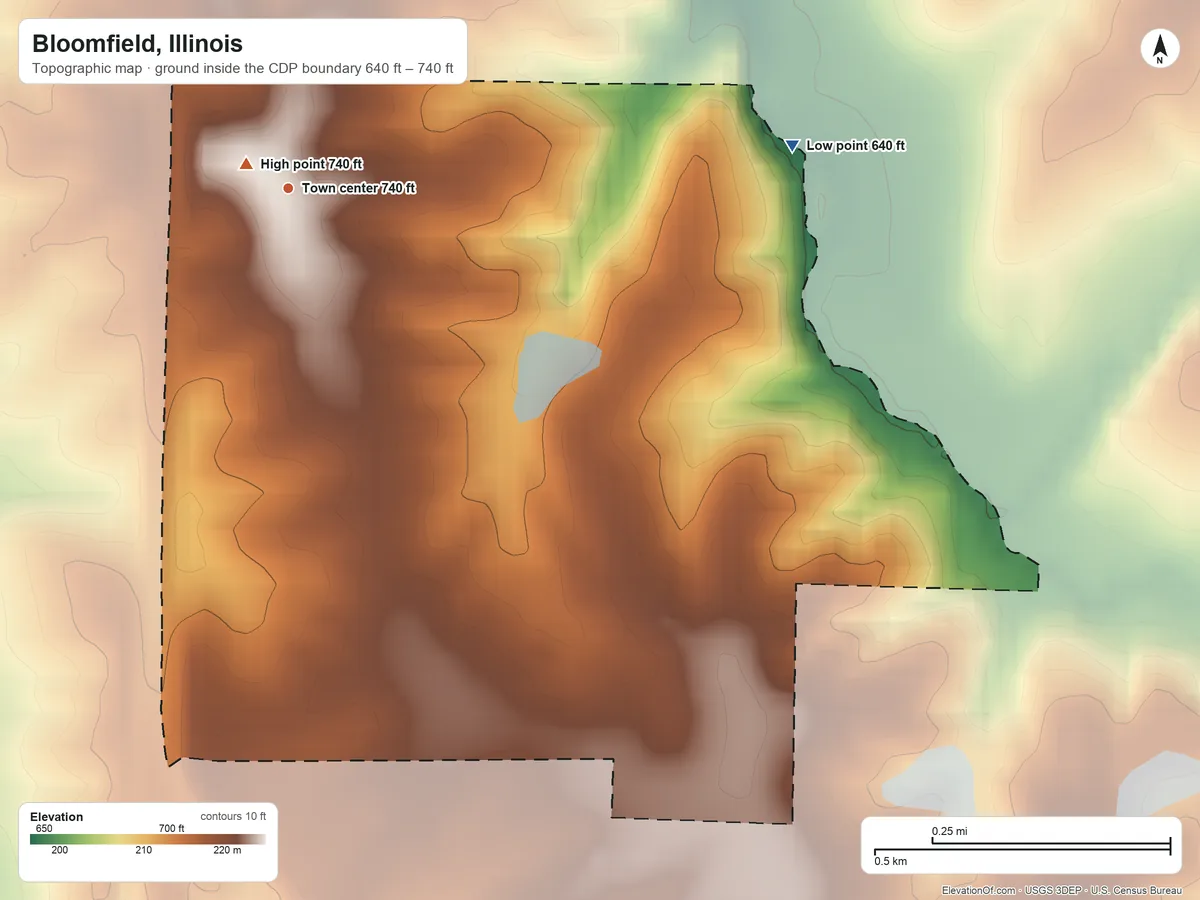 Topographic elevation map of Bloomfield, Illinois, shaded from 640 ft on the east side to 740 ft near the middle