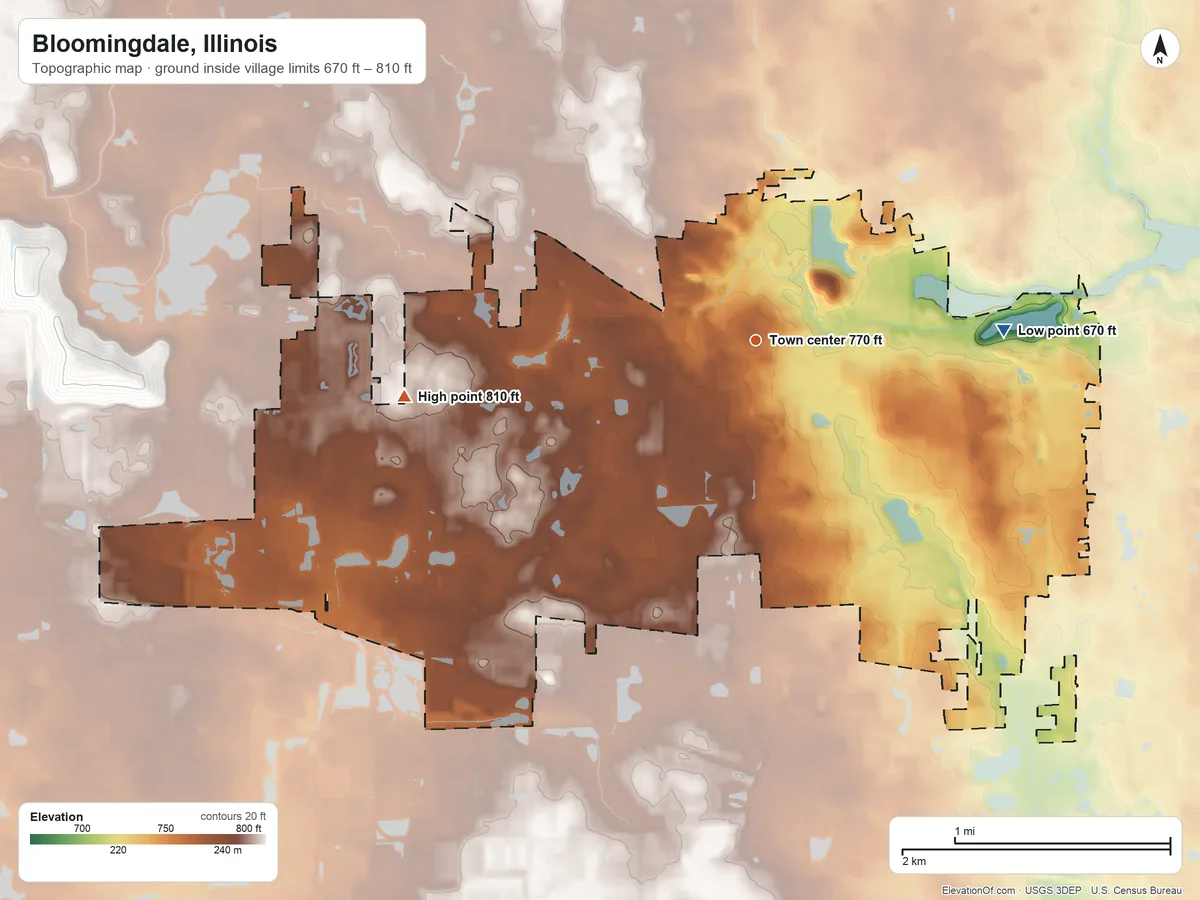 Topographic elevation map of Bloomingdale, Illinois, shaded from 670 ft on the east side to 810 ft on the west side