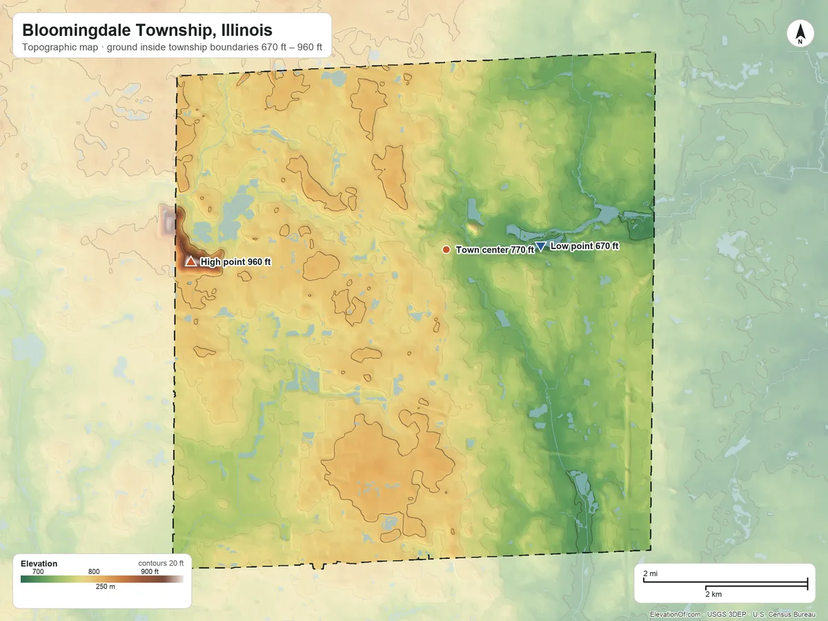 Topographic elevation map of Bloomingdale Township, Illinois, shaded from 670 ft on the east side to 960 ft on the west side