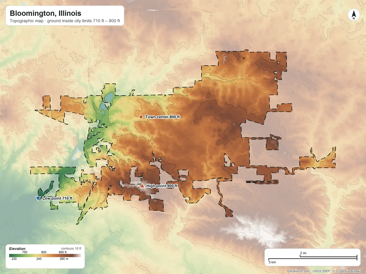 Topographic elevation map of Bloomington, Illinois, shaded from 710 ft on the southwest side to 900 ft on the south side