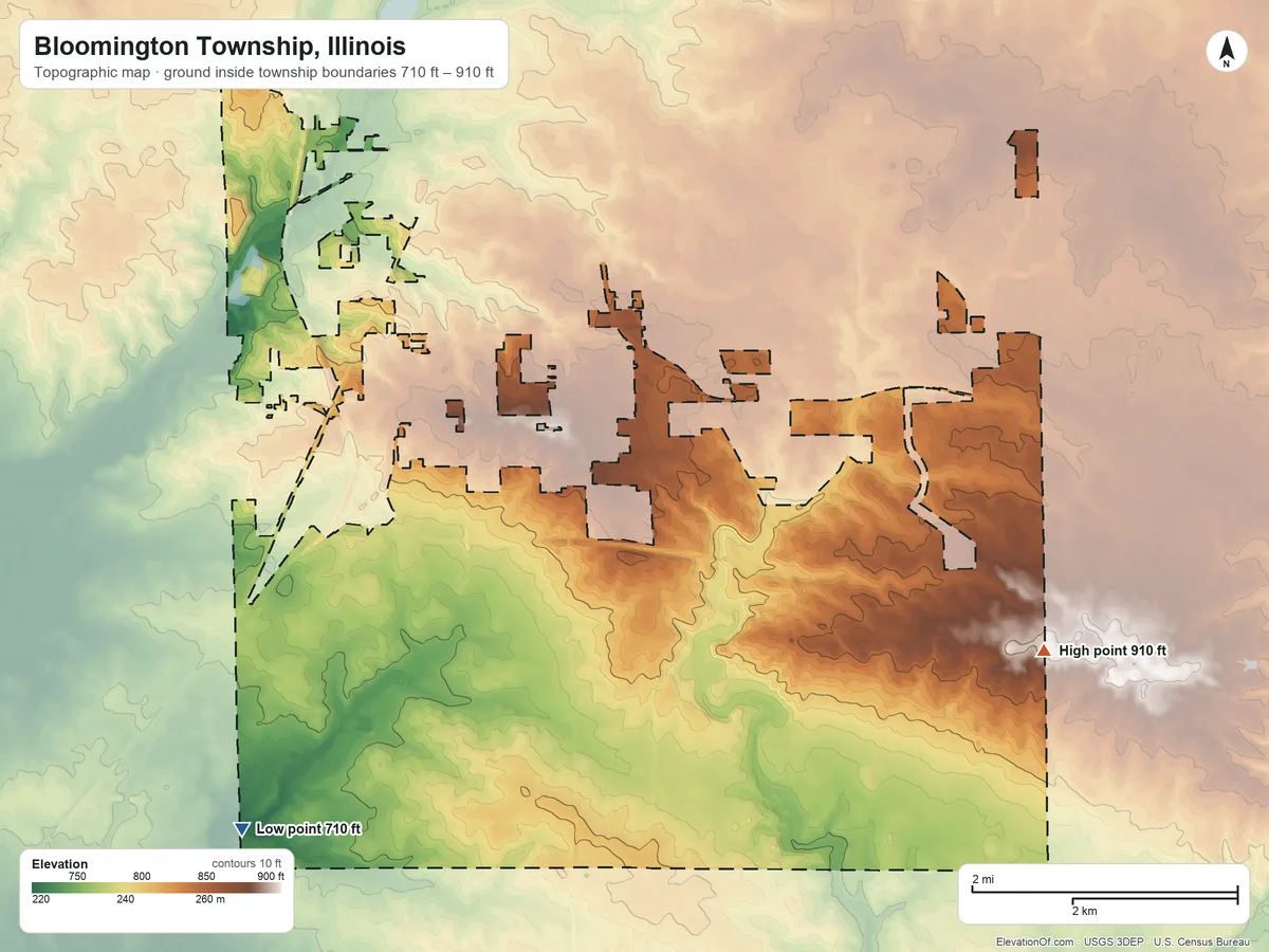 Topographic elevation map of Bloomington Township, Illinois, shaded from 710 ft on the southwest side to 910 ft on the east side