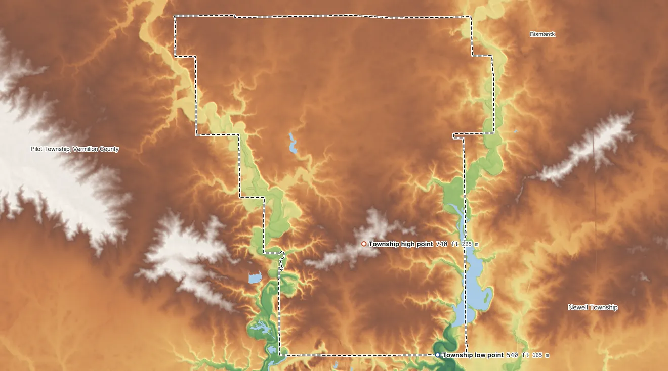 Topographic elevation map of Blount Township, Illinois, shaded from 540 ft on the south side to 740 ft on the west side