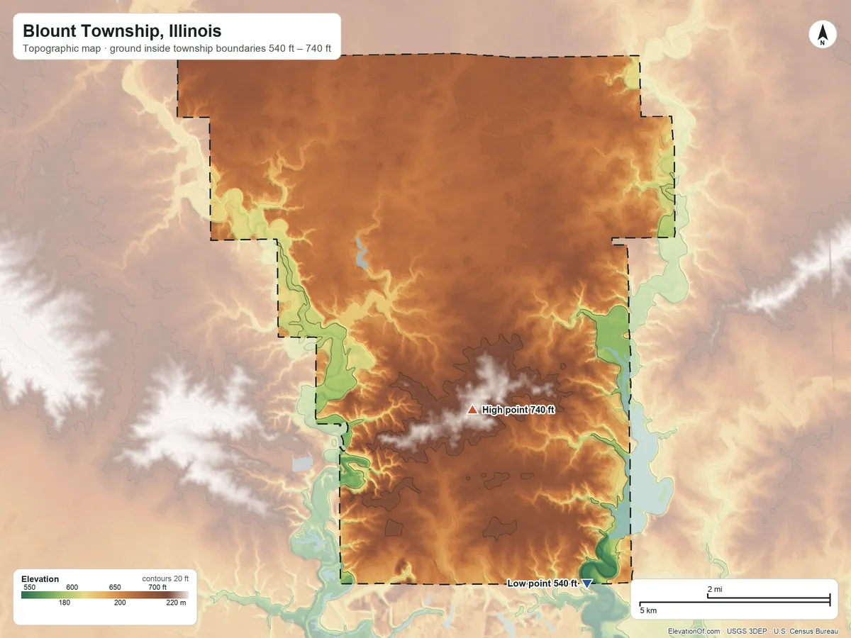 Topographic elevation map of Blount Township, Illinois, shaded from 540 ft on the south side to 740 ft on the west side