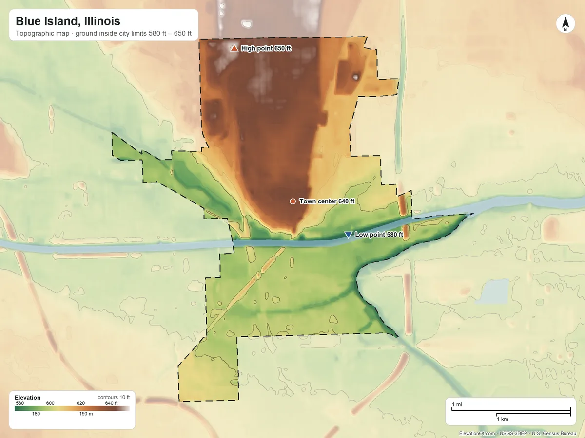 Topographic elevation map of Blue Island, Illinois, shaded from 580 ft on the southeast side to 650 ft on the north side