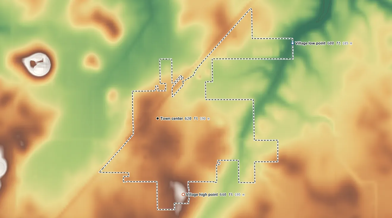 Topographic elevation map of Blue Mound, Illinois, shaded from 600 ft on the northeast side to 640 ft on the south side