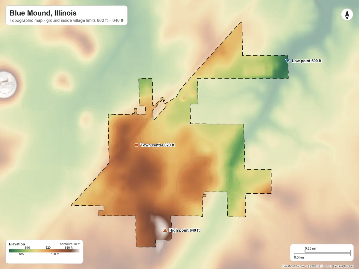 Topographic elevation map of Blue Mound, Illinois, shaded from 600 ft on the northeast side to 640 ft on the south side