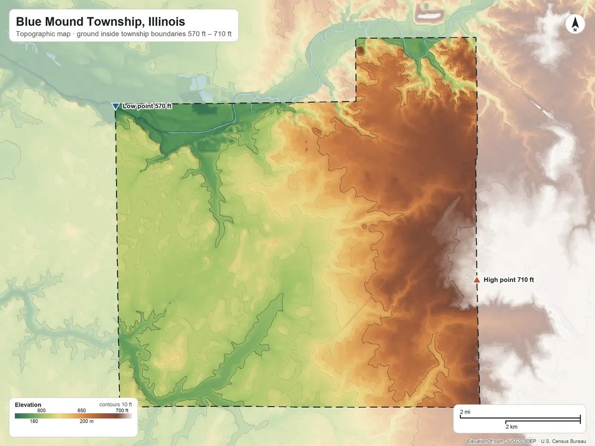 Topographic elevation map of Blue Mound Township, Illinois, shaded from 570 ft on the northwest side to 710 ft on the southeast side