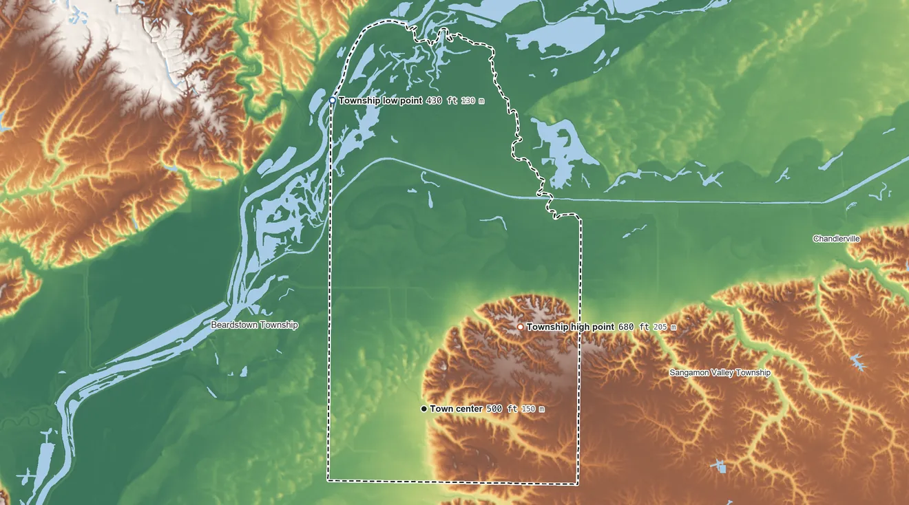 Topographic elevation map of Bluff Springs Township, Illinois, shaded from 430 ft on the north side to 680 ft on the northeast side