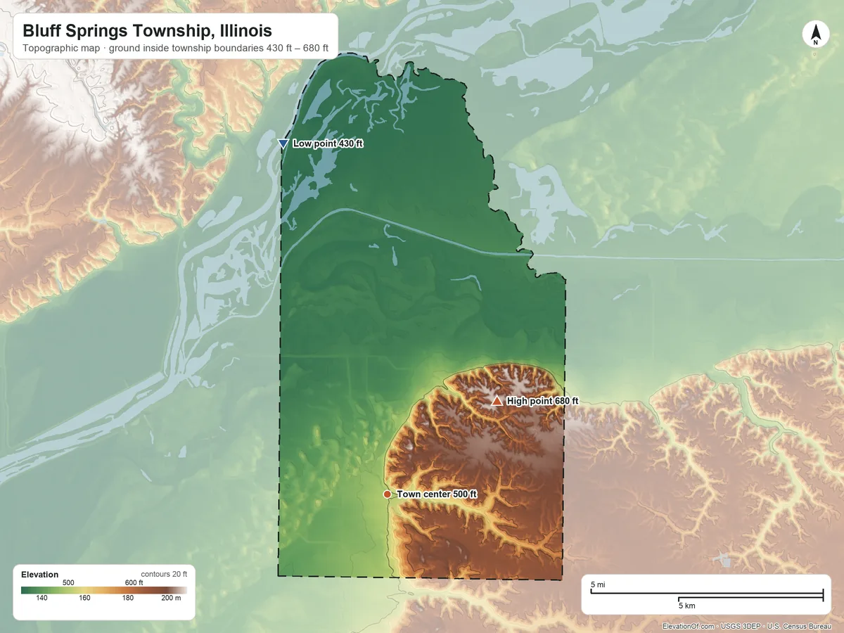 Topographic elevation map of Bluff Springs Township, Illinois, shaded from 430 ft on the north side to 680 ft on the northeast side