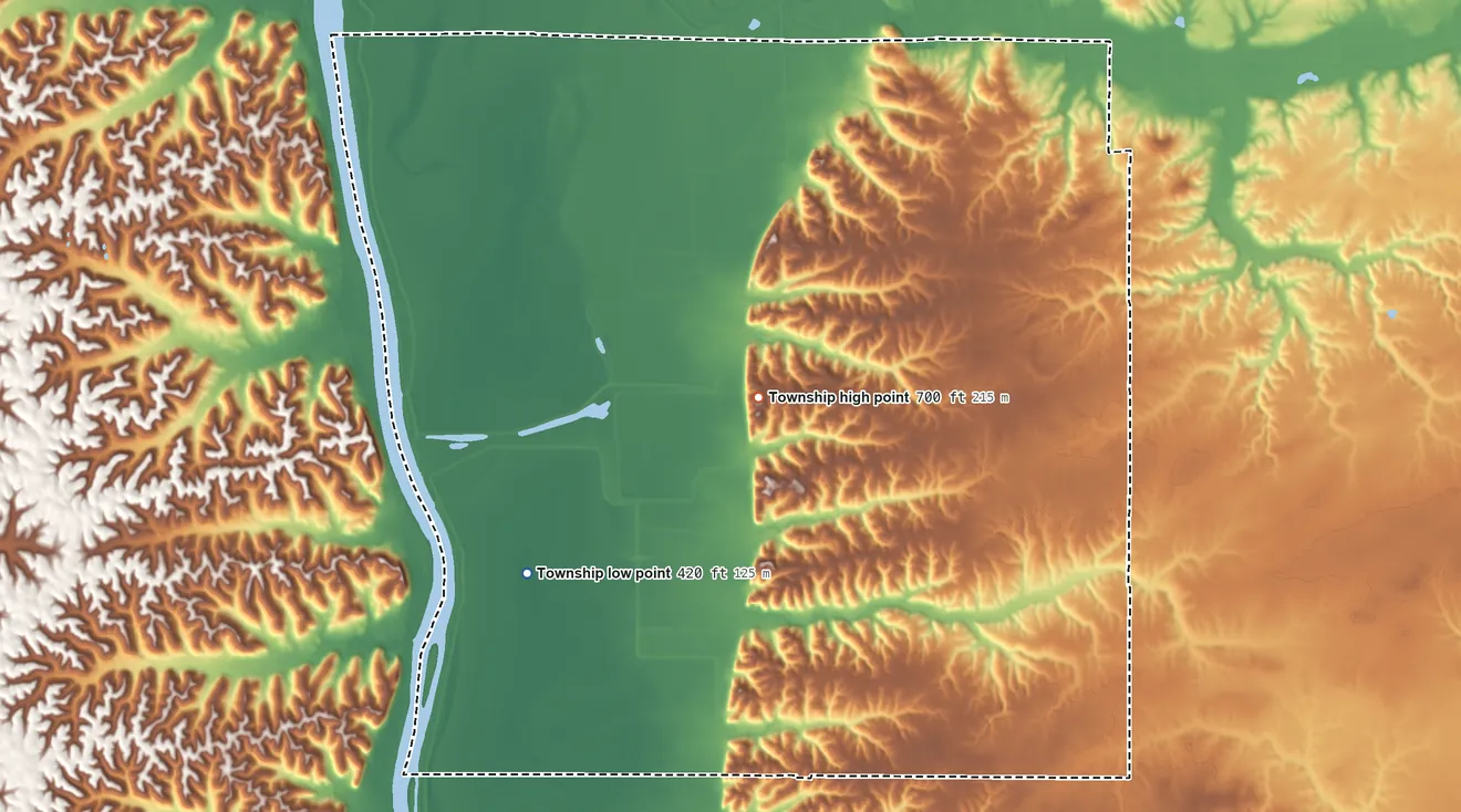 Topographic elevation map of Bluffdale Township, Illinois, shaded from 420 ft on the west side to 700 ft on the northwest side