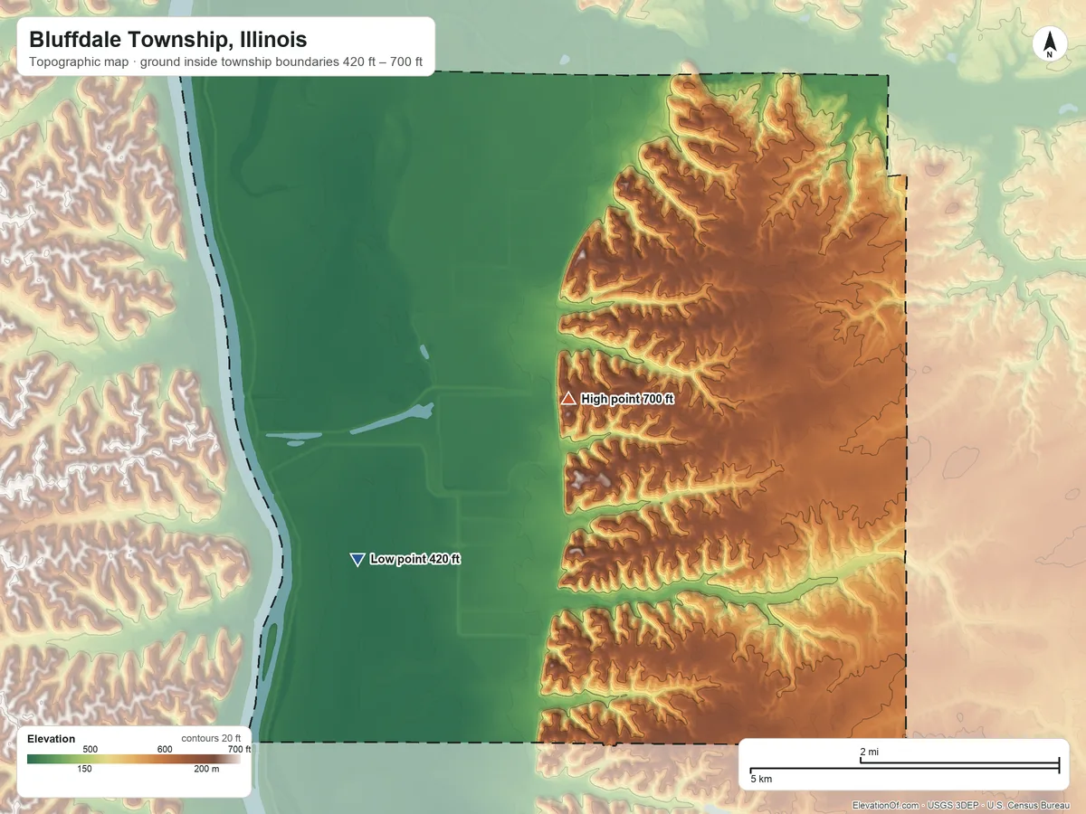 Topographic elevation map of Bluffdale Township, Illinois, shaded from 420 ft on the west side to 700 ft on the northwest side