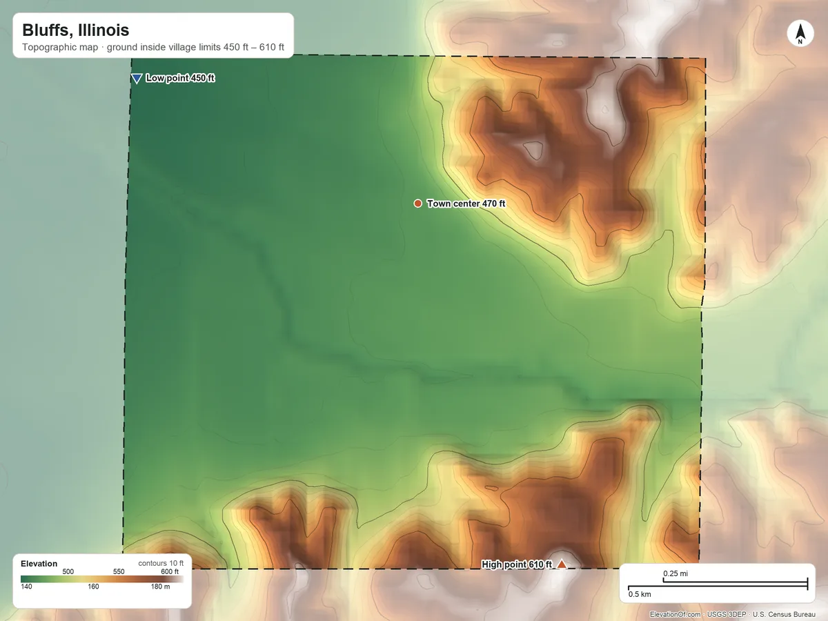 Topographic elevation map of Bluffs, Illinois, shaded from 450 ft on the northwest side to 610 ft on the south side