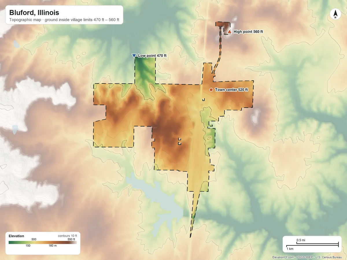 Topographic elevation map of Bluford, Illinois, shaded from 470 ft on the northwest side to 560 ft on the north side