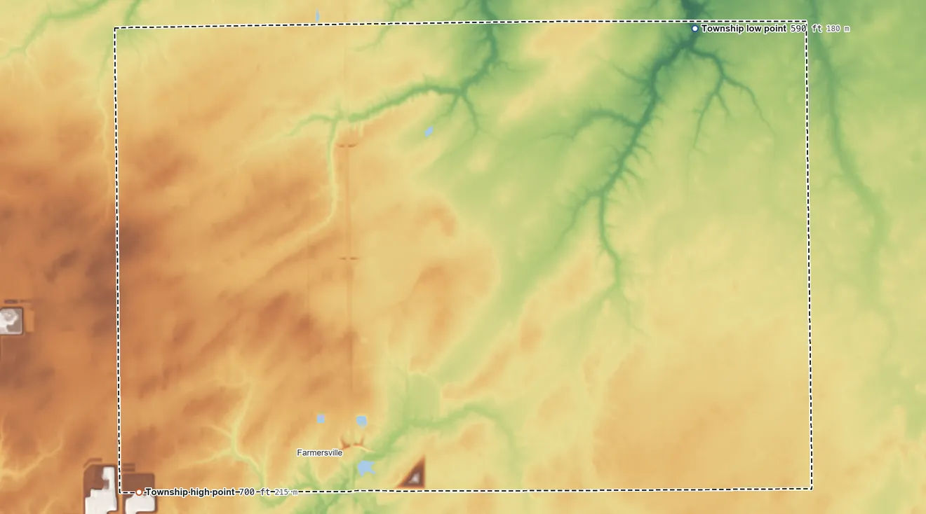 Topographic elevation map of Bois D'Arc Township, Illinois, shaded from 590 ft on the northeast side to 700 ft on the southwest side