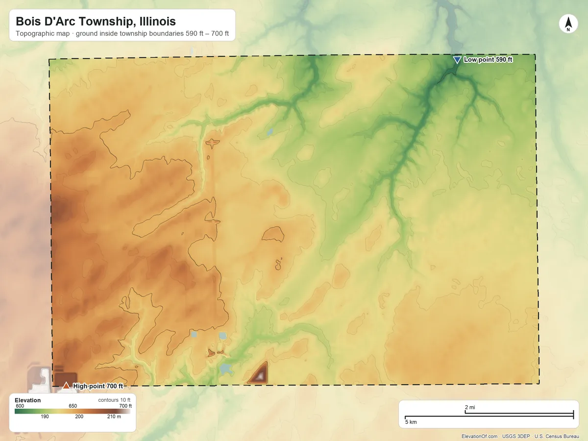 Topographic elevation map of Bois D'Arc Township, Illinois, shaded from 590 ft on the northeast side to 700 ft on the southwest side