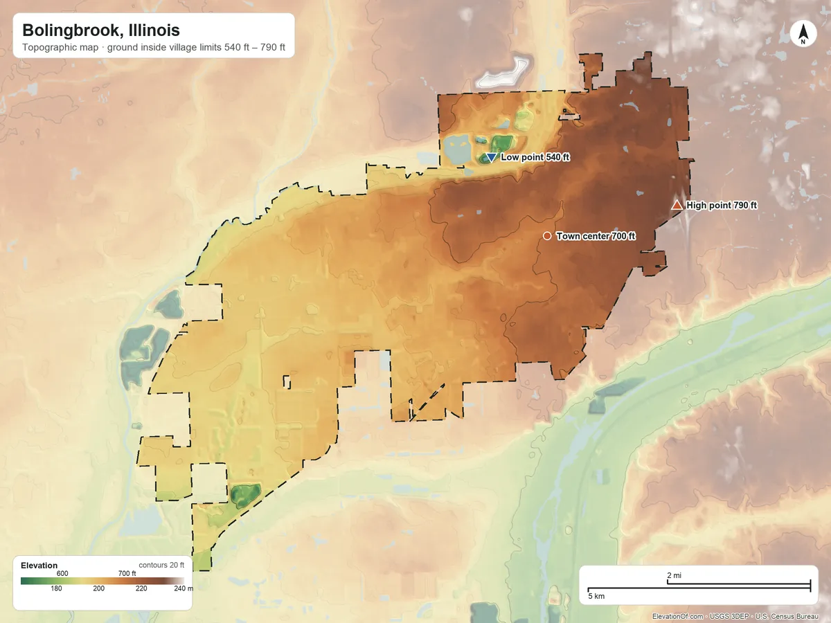 Topographic elevation map of Bolingbrook, Illinois, shaded from 540 ft on the northwest side to 790 ft on the east side