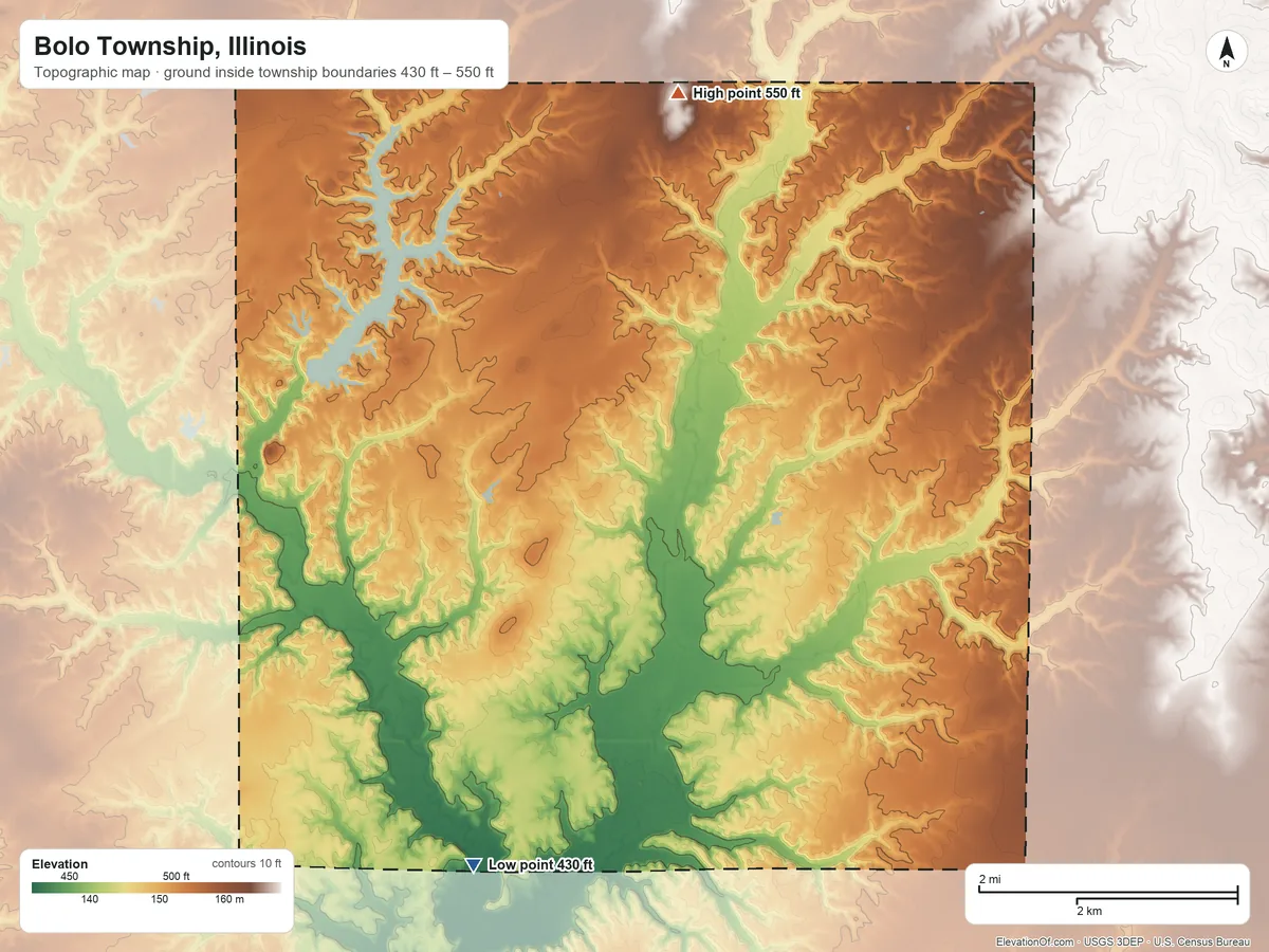 Topographic elevation map of Bolo Township, Illinois, shaded from 430 ft on the south side to 550 ft on the north side